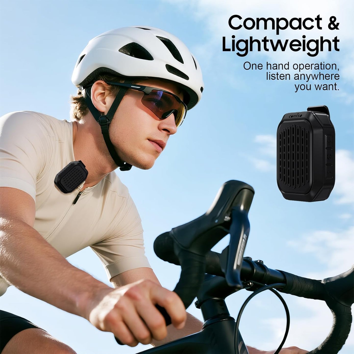 comiso IPX7 10H Wearable Bluetooth Speaker, Waterproof, Clip-On Portable Wireless Speaker, Playtime, Built-in Mic