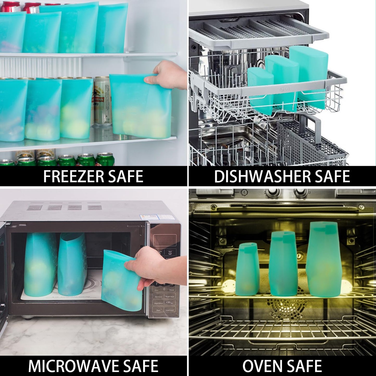 Annaklin Reusable Food Bags, 8 Pack 100% Silicone Food Storage Bags Stand Up Zip Lock Container, Freezer Microwave Oven Dishwasher Safe, 4 Medium 2 Small 2 Extra Small, Aqua