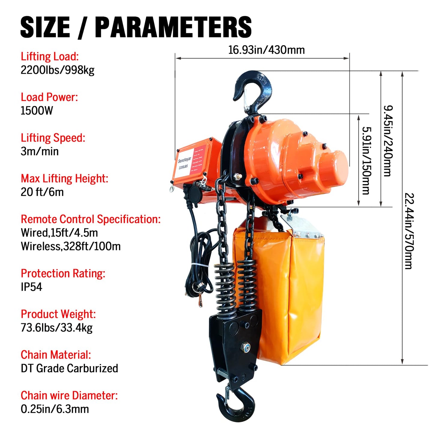 Electric Chain Hoist 2 in 1,2200 lbs Load Capacity,20 ft Lifting Height,120V Single Phase Overhead Crane with 328 ft Wireless & 15 ft Wired Remote Control, Ideal for Garage,Shop,and Home Use