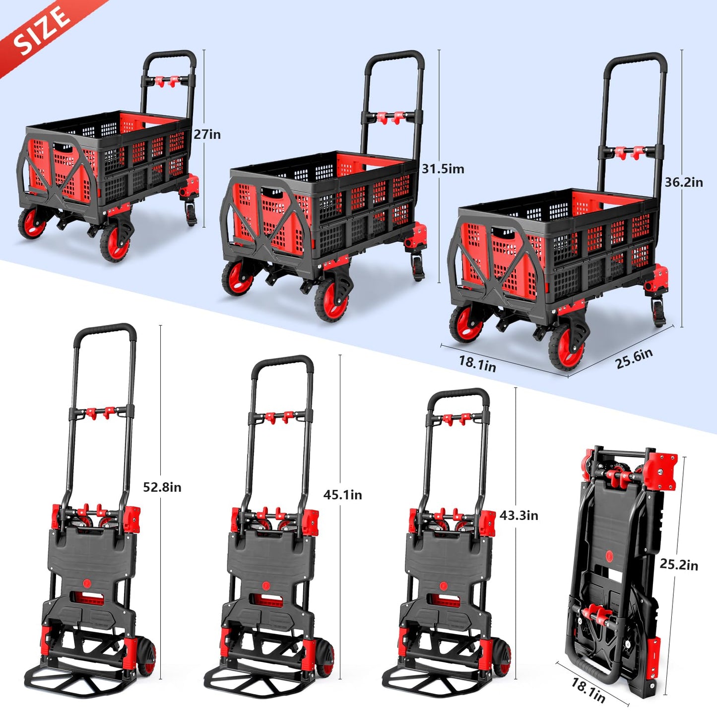 2-in-1 Hand Truck Dolly with Folding Basket, 330LB Heavy Duty Carrying Portable Handtruck, Foldable Hand Dolly with 360° Swivel Wheels&Retractable Handle for Moving, Luggage, Shopping, Office