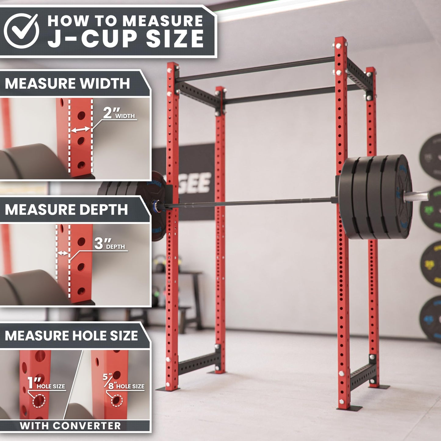 Synergee J-Hooks for Power and Squat Racks. 2x3 J-Cups Designed for 1” or 5/8 Hole. J-Hooks for Power Lifting, Squats and Presses. Sold in Pairs.