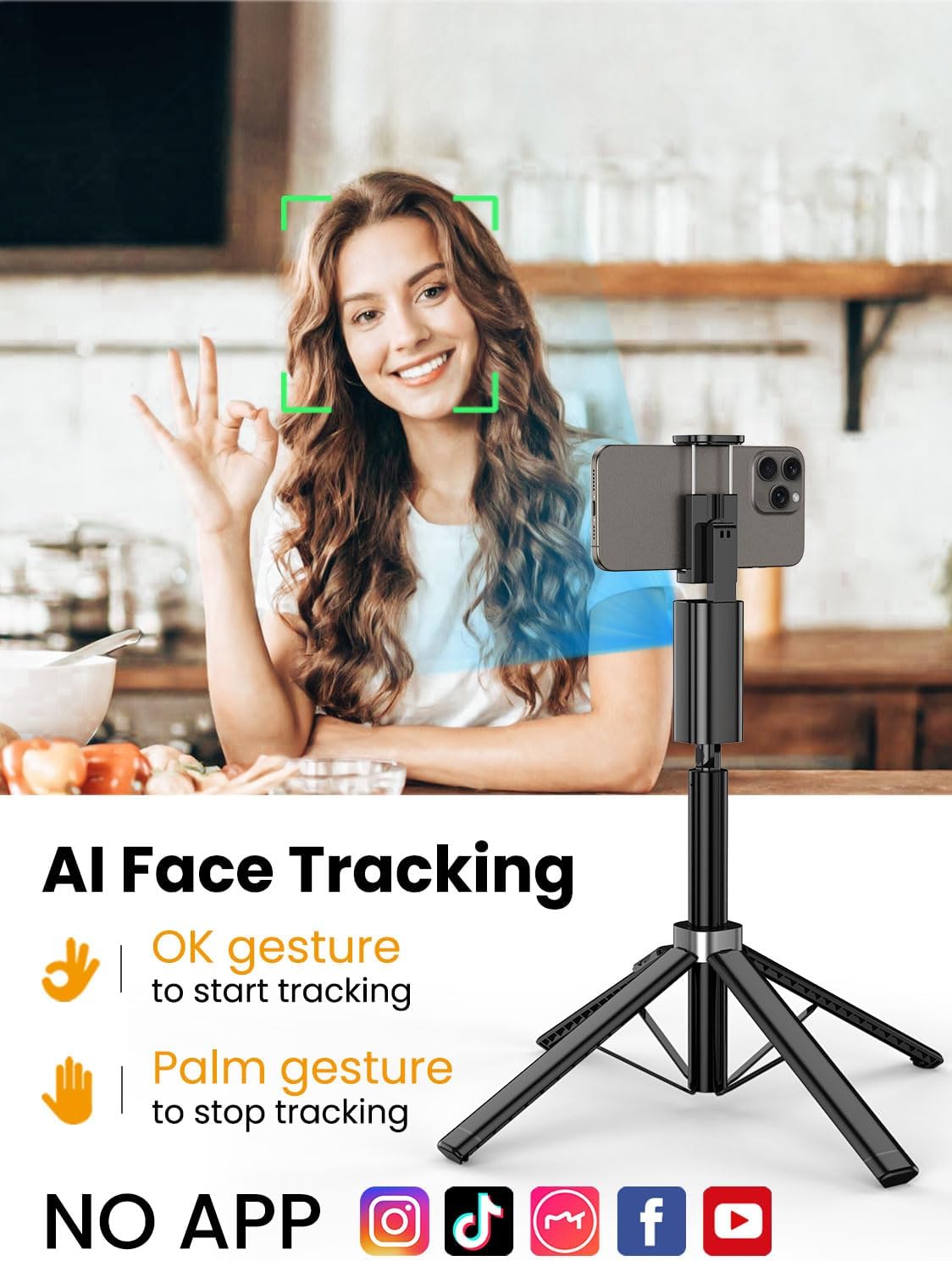 AOCHUAN Android,57'' 360 M3 Face Tracking Tripod for iPhone & Expandable Rotation Selfie Stick that Follows Your