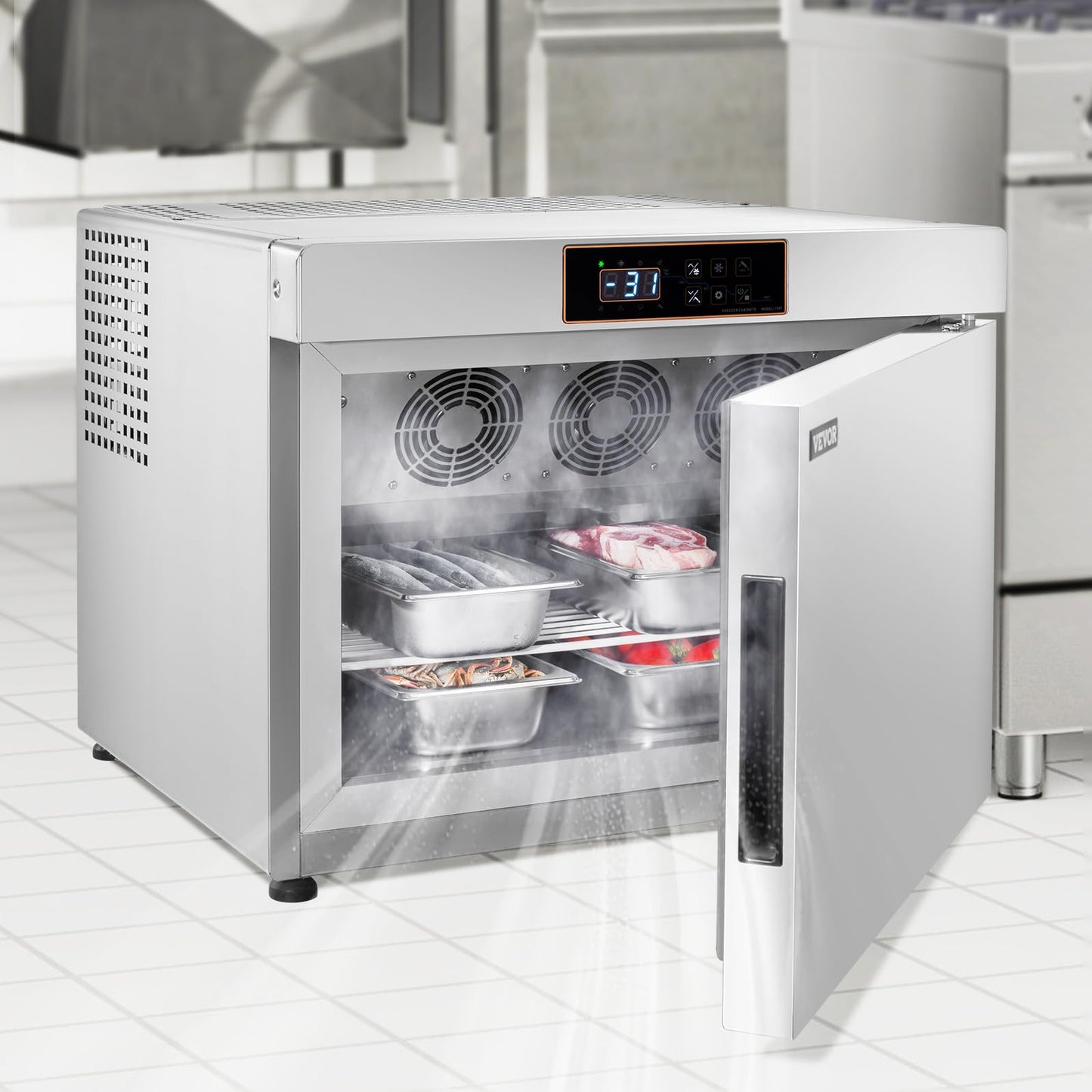 VEVOR 32L Blast Freezer, 4 Trays Commercial Freezers Flash,<-31~68°F> Mini Countertop Shock Frozen for Home, 360° Fan Cooling Batch Freeze, 304 Stainless Steel Blast Chiller for Seafood, Ice Cream