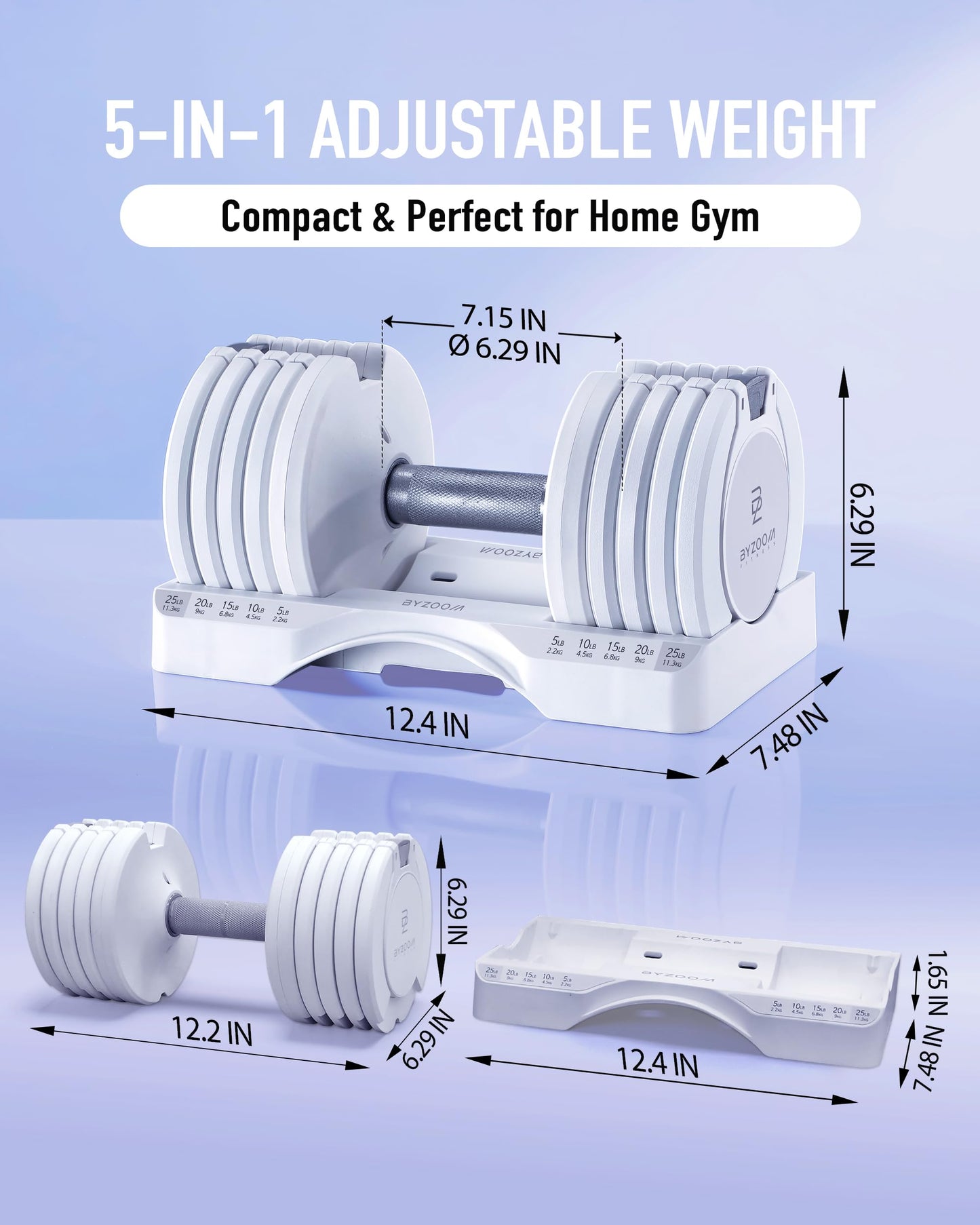 BYZOOM FITNESS Adjustable Dumbbell Set 25lb Single Unit – 5-in-1 Compact Free Weights for Home Gym, Patented Easy-Adjust Design, Sleek Aesthetic for Strength Training & Workouts, White