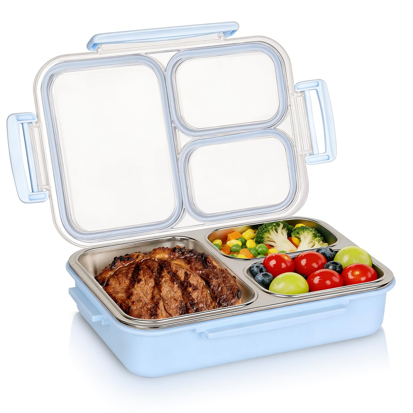 PTYTIFY Stainless Steel Bento Box, 3 Compartments Leakproof Stainless Steel Snack Containers, 25 oz Premium 304 Metal Lunch Box for Adults, BPA-Free, Dishwasher Safe (Blue)