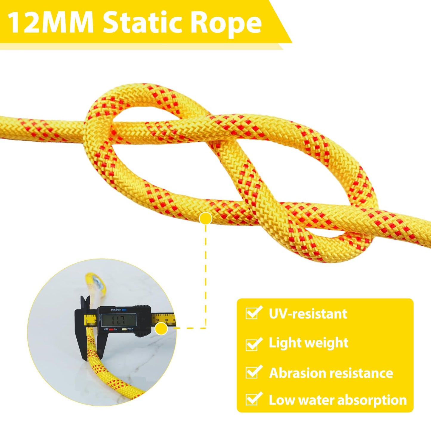 Vandham Static Climbing Rope - 12mm High Strength Arborist Rope 32FT for Outdoor Rappelling, Swing, Rigging, Tree Work, Camping - Yellow