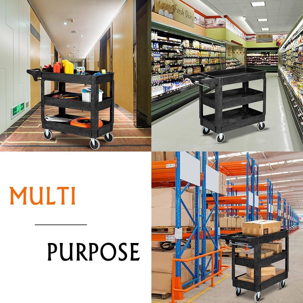 LEADZM 3-Shelf Plastic Service Utility Cart, Steady & Durable Tub Cart with Deep Shelves, Large Capacity, Multi-Function Handle Storage and 360°Flexible Wheels with Braker, Great for Warehouse/Garage
