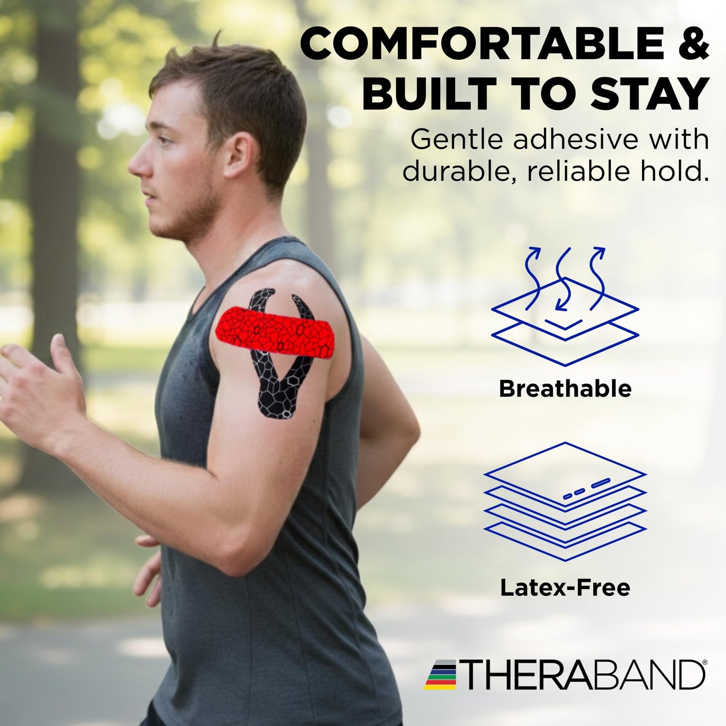 THERABAND Kinesiology Tape, Waterproof Physio Tape for Muscle & Joint Support, Standard Roll with XactStretch Application Indicators, 2" X 10" Strips, 20 Precut Strips, Hot Red/Black