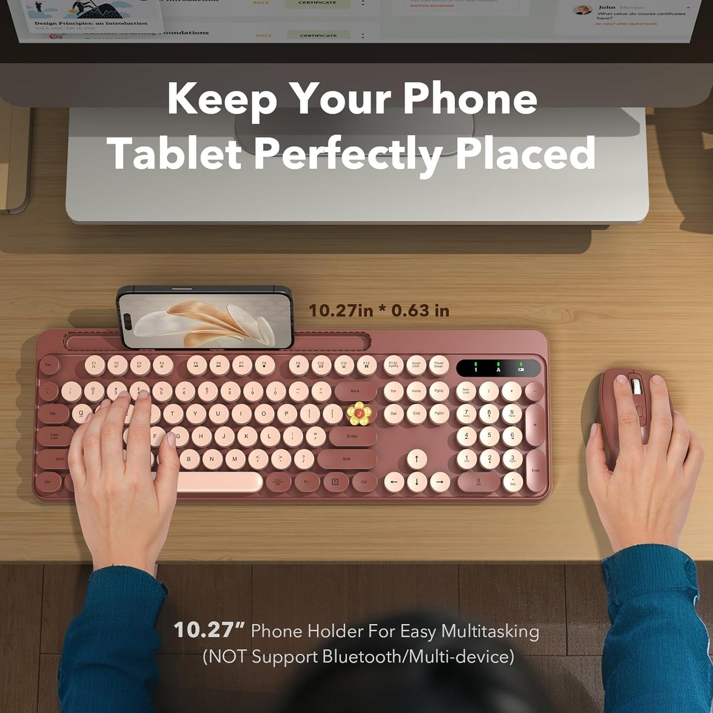 Trueque 2.4GHz Wireless Keyboard and Mouse Combo, Retro Round Keycaps, Full-Size Cute Typewriter Keyboard with Large