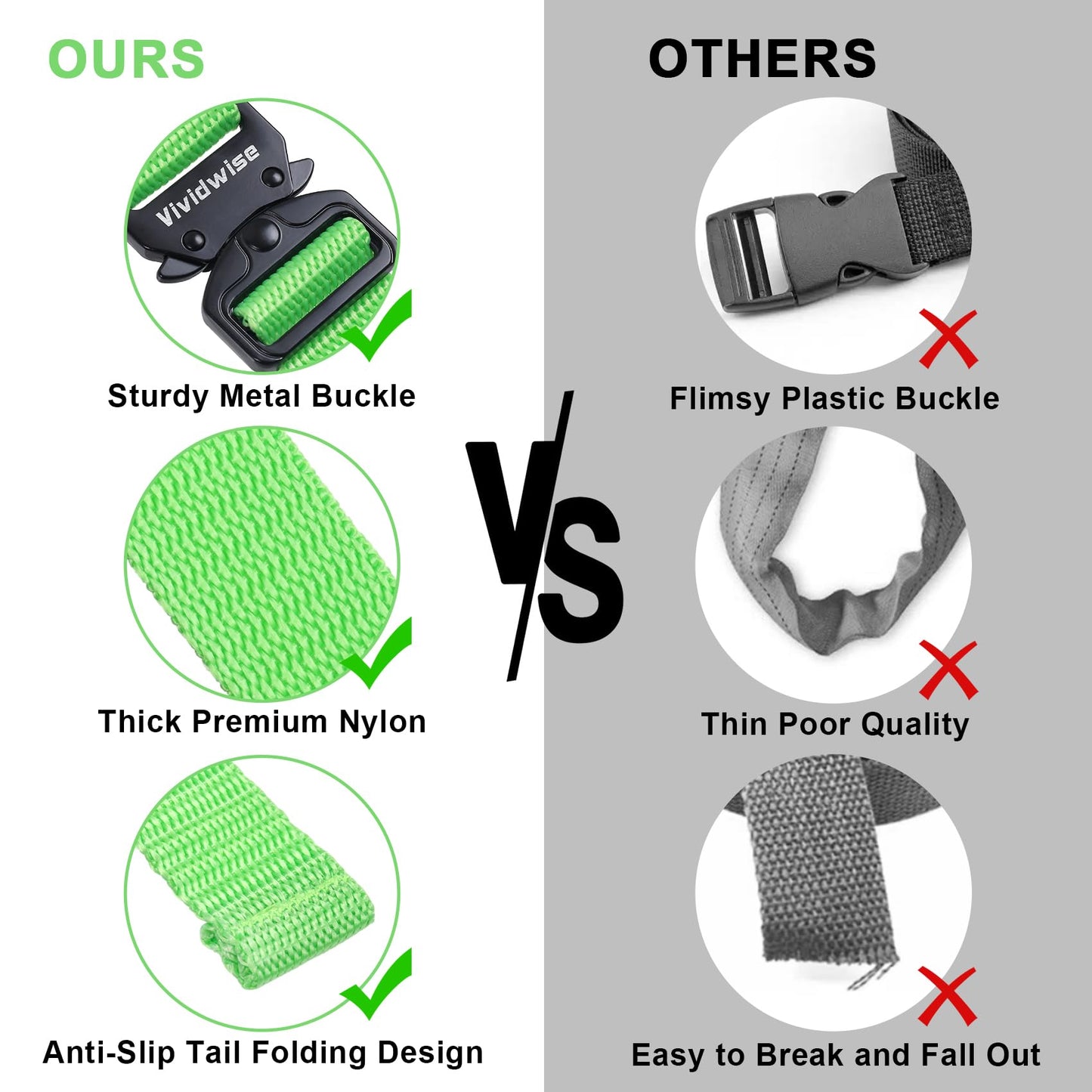 Vividwise Utility Straps with Metal Quick Release Buckle, Adjustable Nylon Belt Backpack Accessories Sleeping Bag Strap for Hiking, Travel, Outdoor Sports (Green-Metal Buckle, 1" W-48 L)