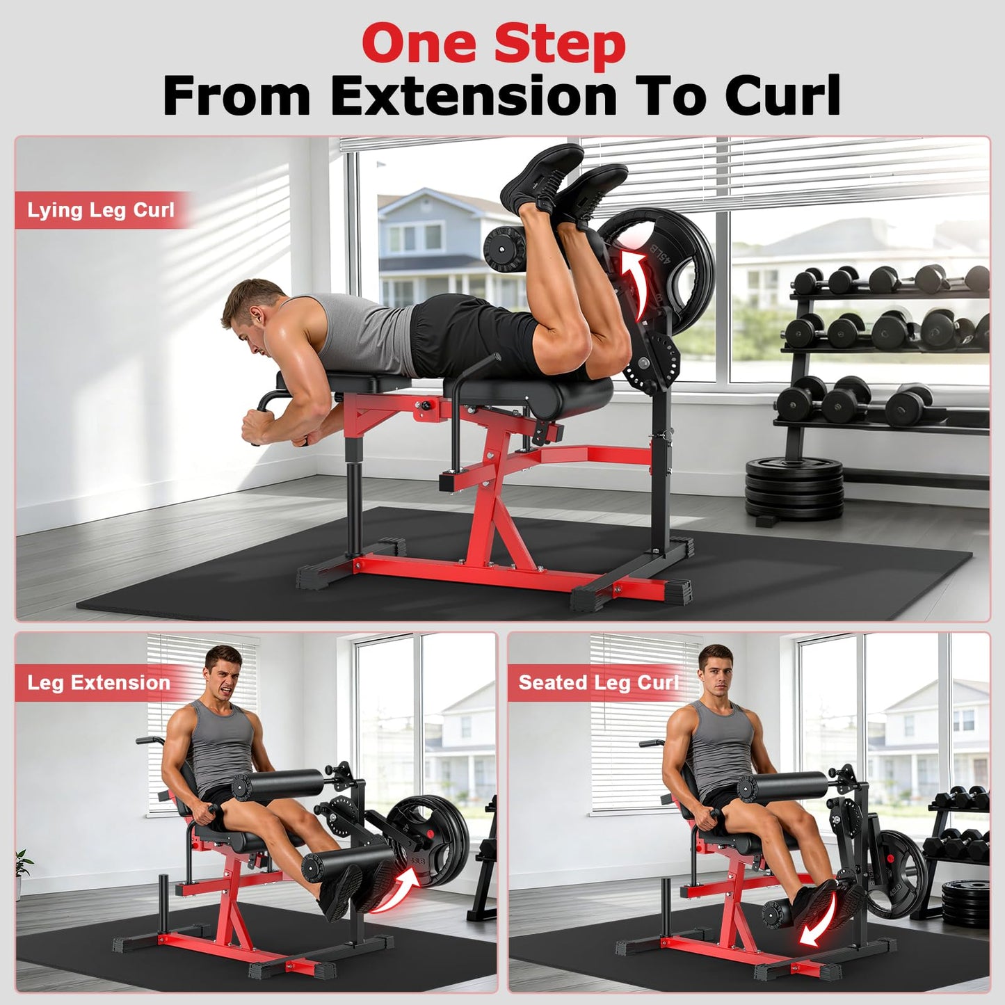 XDDIAS Leg Extension and Curl Machine, Adjustable Seated/ Lying Leg Exercise Machine for Home Gym, 1000LB Plate-Loaded Leg Workout Equipment with Thigh Hold-Down Pad, Extended Sleeve Fit 1''/2'' Plate