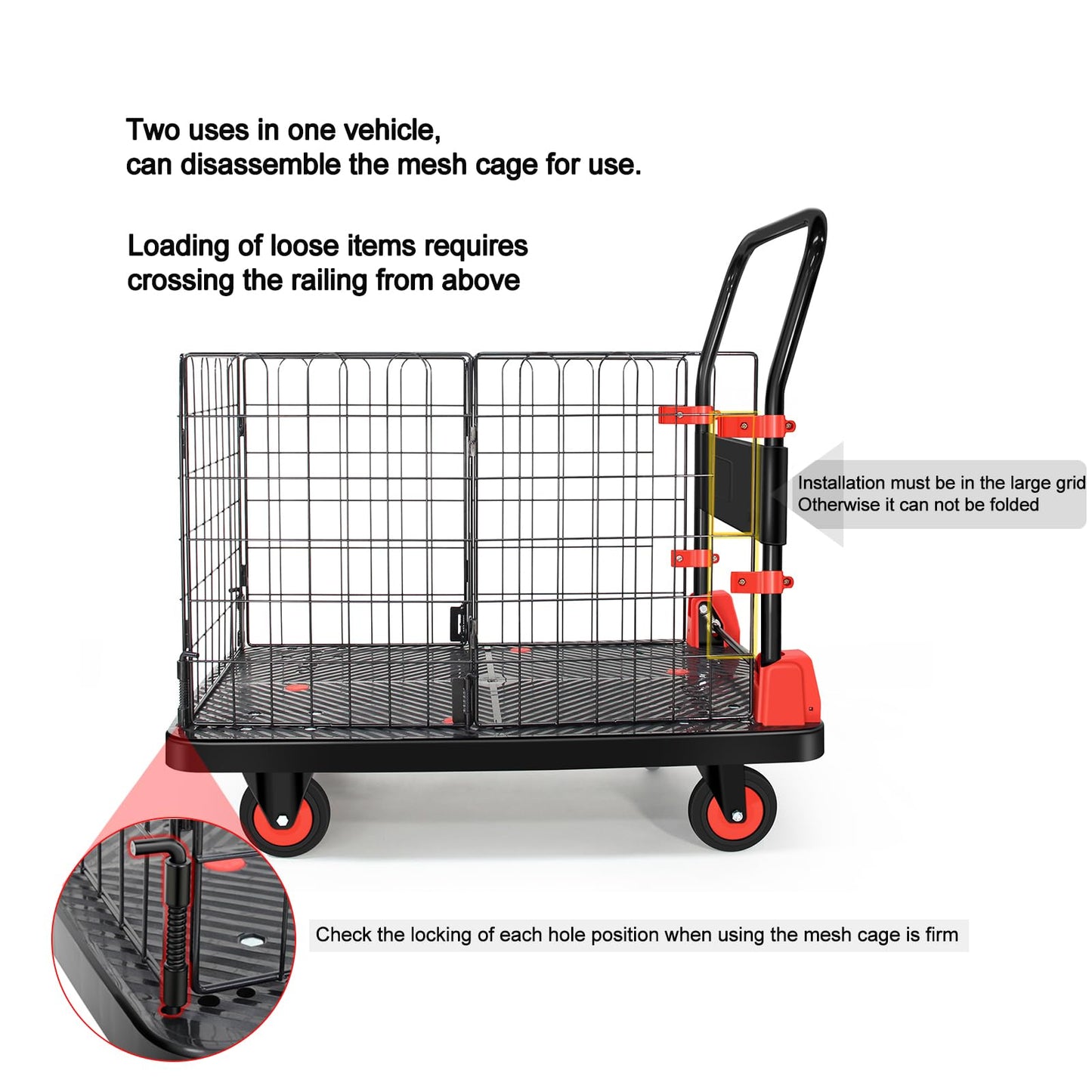 Uholan Heavy Duty Hand Truck with Cage, Removable Cage Dolly, Wheels, Load 660lbs, Multipurpose Grocery Cart, Shopping & Moving Storage
