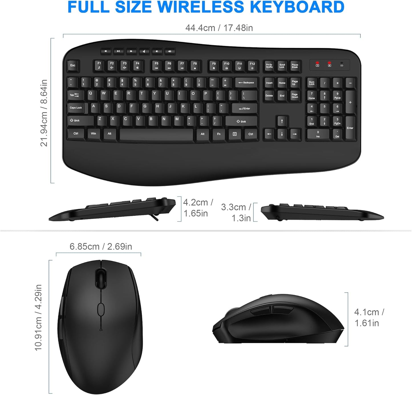 EDJO 2.4G 3 Wireless Keyboard and Mouse Combo, Full Size Ergonomic Keyboard with Palm Rest, Comfortable Natural Typing