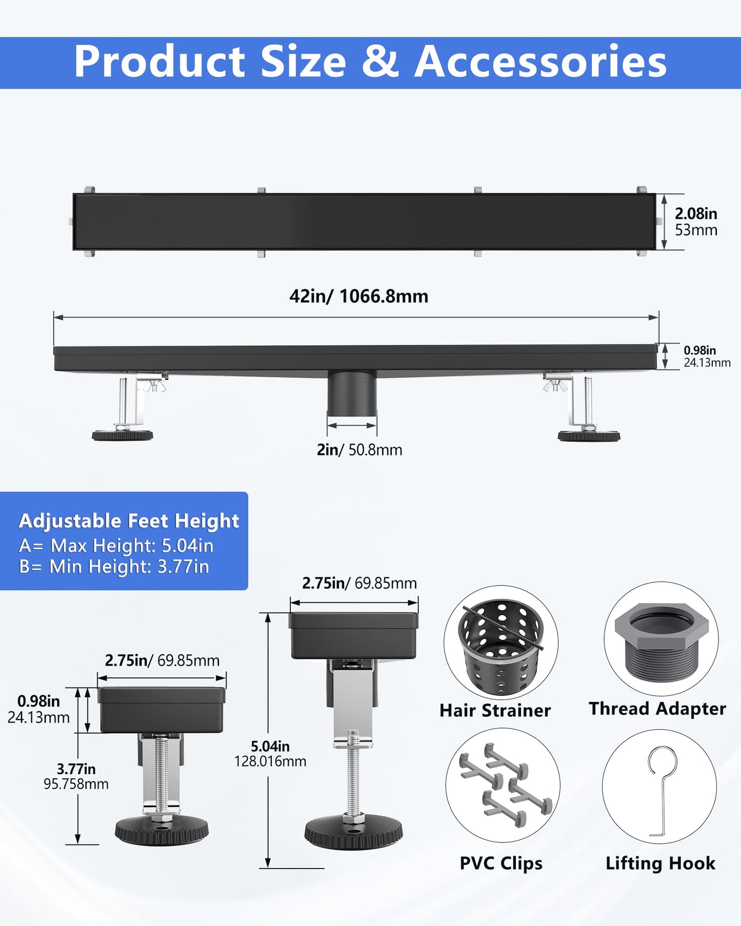 YEFU Black Linear Shower Drain for Bathroom: 42 Inch Shower Drain with Tile Insert Grate - 304 Stainless Steel Rectangle Linear Drain - 2-in-1 Matte Black Shower Floor Drain