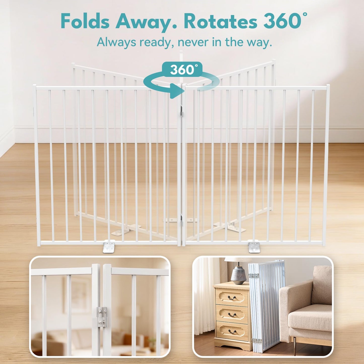 No Pawblems Free Standing Dog Gate with Door, 30'' Tall Foldable Dog Fence for Indoor & Outdoor, Up to 104 Inch Extra Wide Puppy Gate for Stairs, Hallways, Doorways, Deck, Yard (White, 4 Panels)