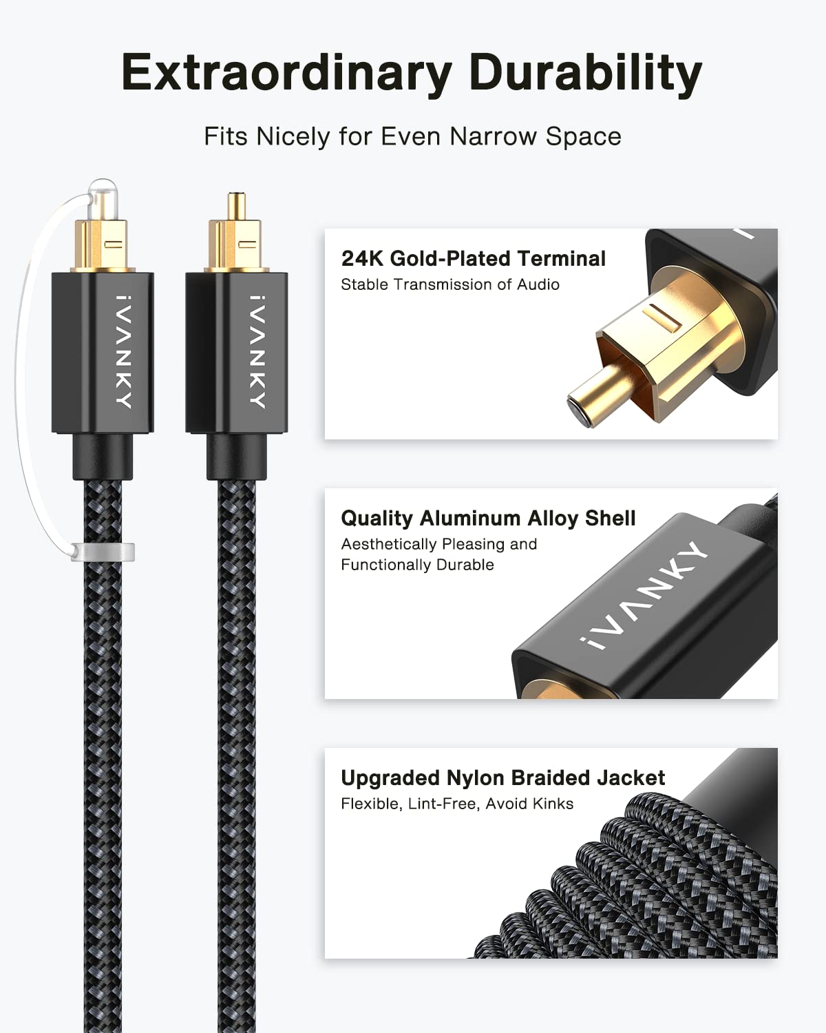 10ft/3M, 24K CL3 PS4, IVANKY Optical Audio Cable Nylon Braided, Gold-Plated, Slim Metal Case, Rated, S/PDIF Digital