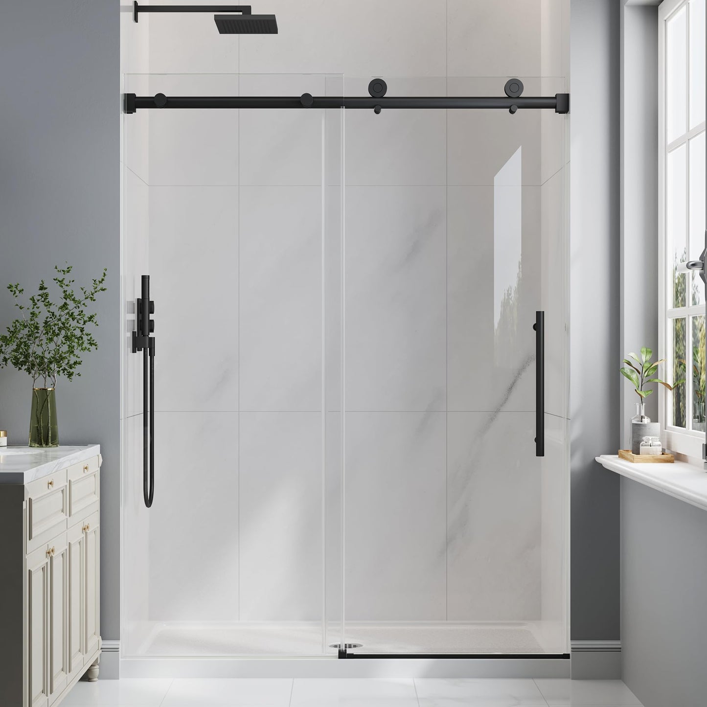 EASYWORC Frameless Glass Shower Door, 49-54" W x 76" H Sliding Frameless Shower Door, 1/4''(6mm) SGCC Tempered Glass,Explosion-Proof Film Nano Coating,Stainless Steel Hardware, Matte Black