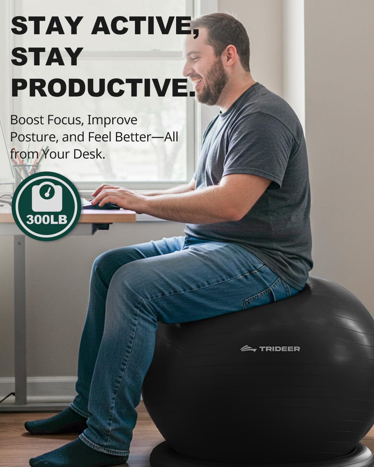 Trideer Exercise Ball Chair with Base & Resistance Bands for Home Gym, Stability Ball Seat for Core Workout and Back Support