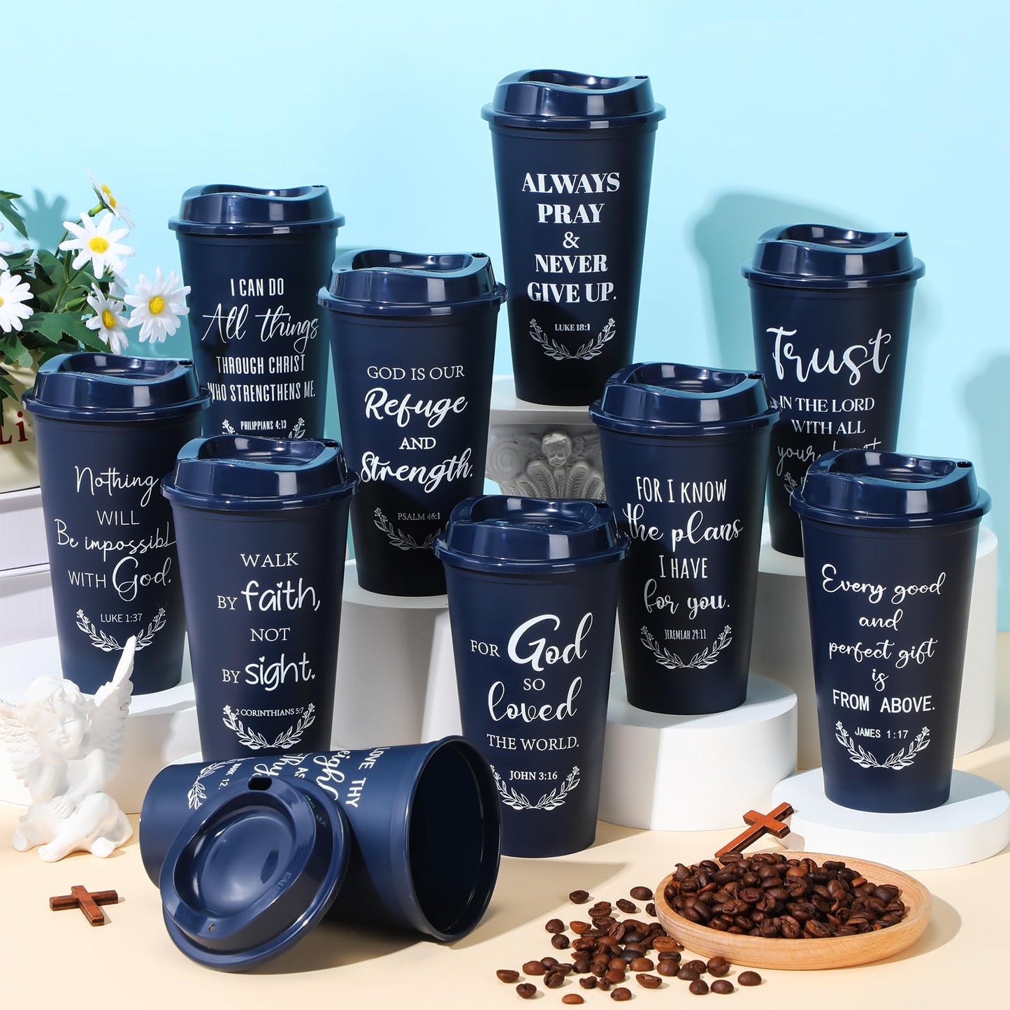 Skylety 60 Pack Christian Gifts for Men Women 16oz Reusable Bible Verse Tumbler Bulk Plastic Coffee Cup with Lid Inspirational Religious Church Gift for Mother Father Birthday (Blue)