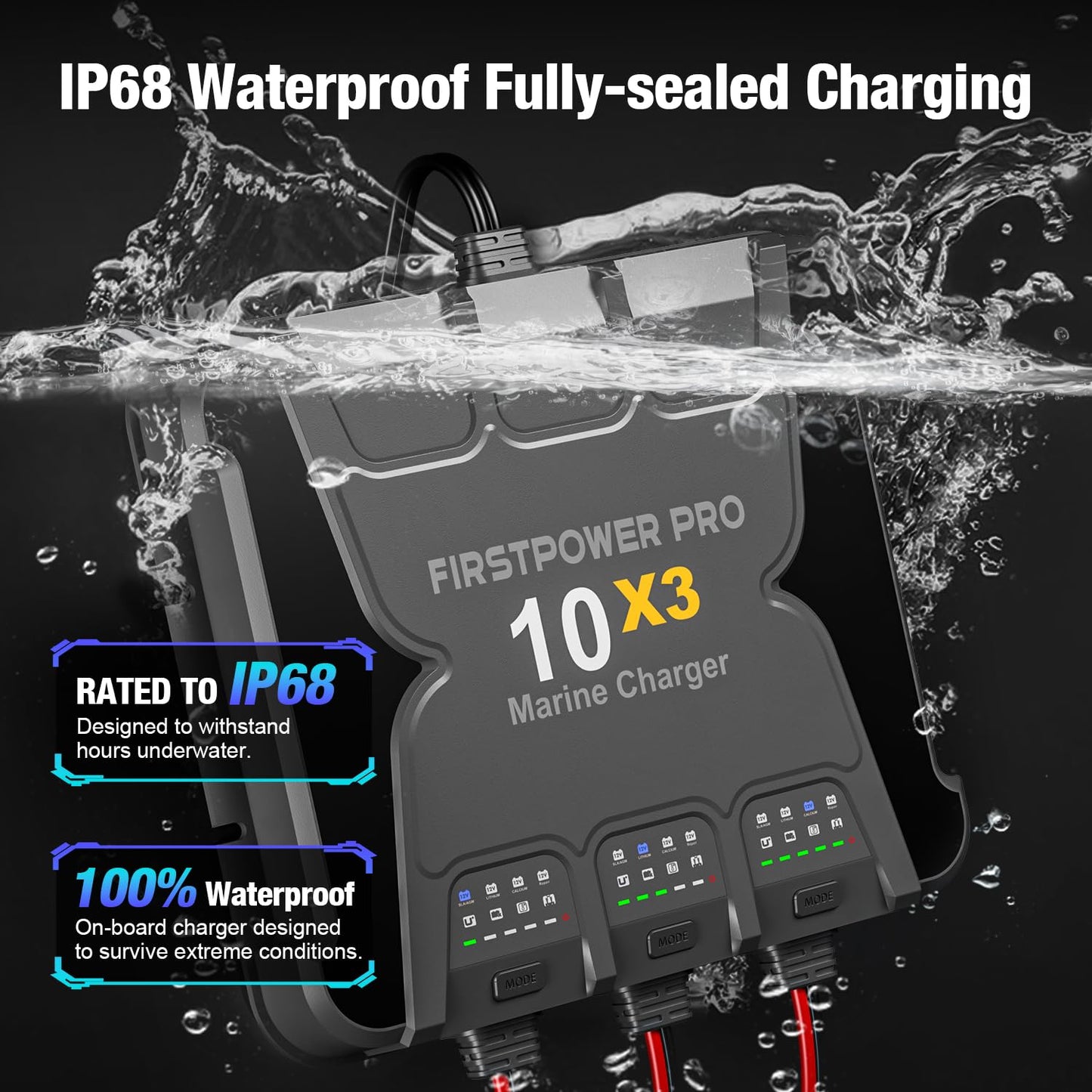 Upgraded 3 Bank Marine Battery Charger 10X3, 30A (10A/Bank) - 12V Waterproof Onboard Battery Charger, Battery Maintainer & Desulfator for SLA/AGM, Lithium (LiFePO4), Calcium & Deep-Cycle Battery