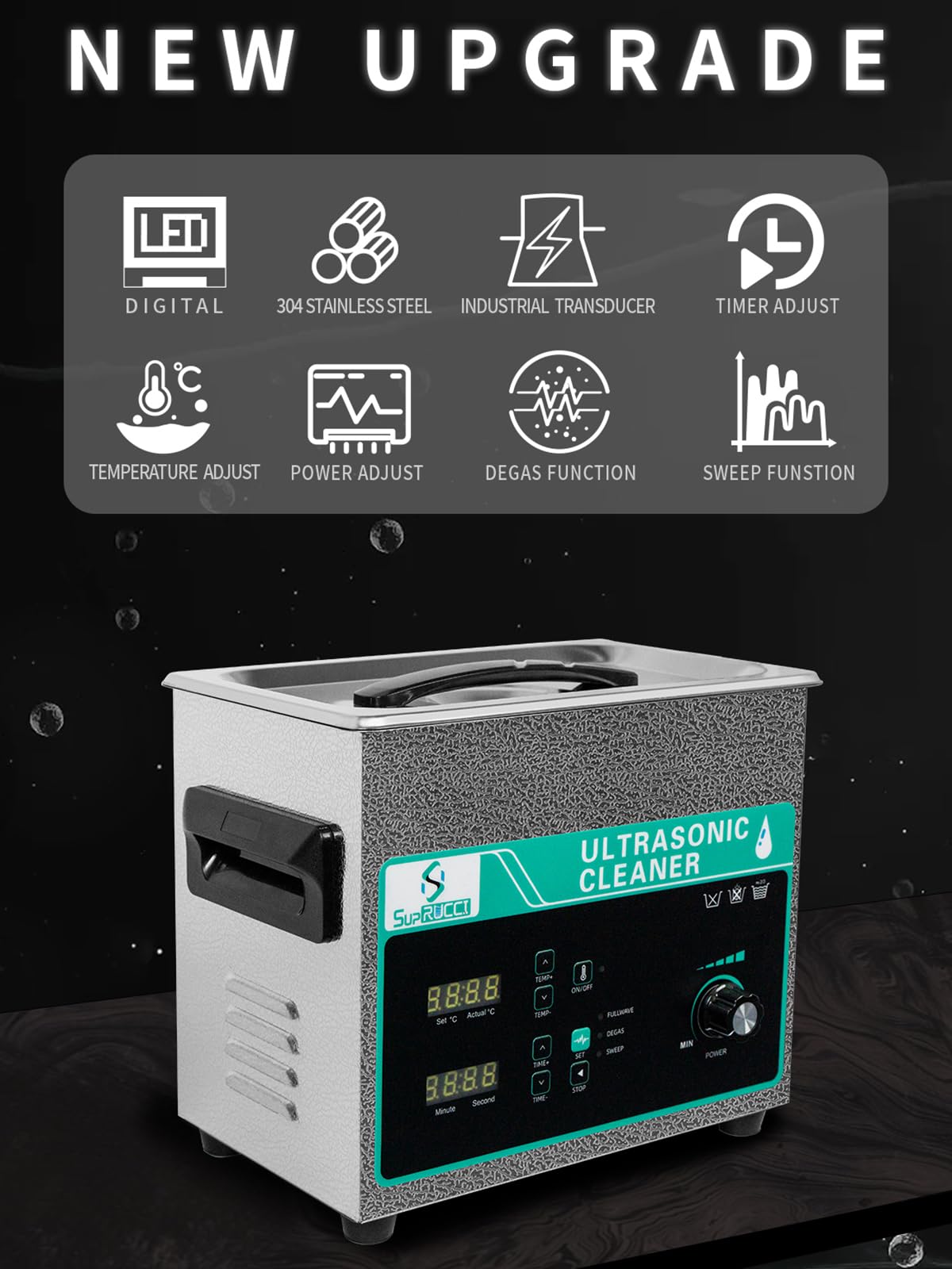 SupRUCCI Ultrasonic Cleaner 3L with Adjustable Power & Sweep, 120W Ultra Sonic Cleaning Machine, Digital Timer and Heater, Heavy-Duty Parts Cleaner for Industrial, Motorcycle, and Hardware Tools