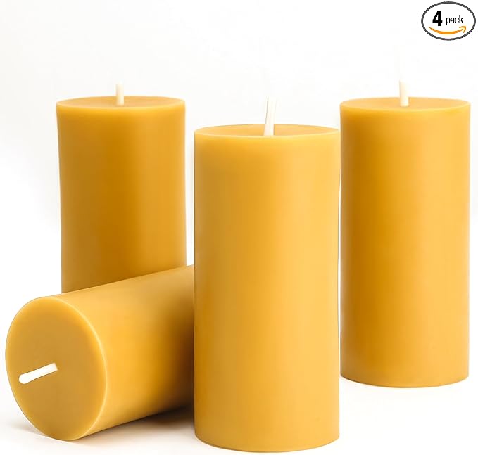 Natural Beeswax Candles 4 Packs, Beeswax Pillar Candles with 140 Hours Burn Time, Organic Emergency Candle Long Burning for Home Room, Smokeless & Dripless, 2x4 inch