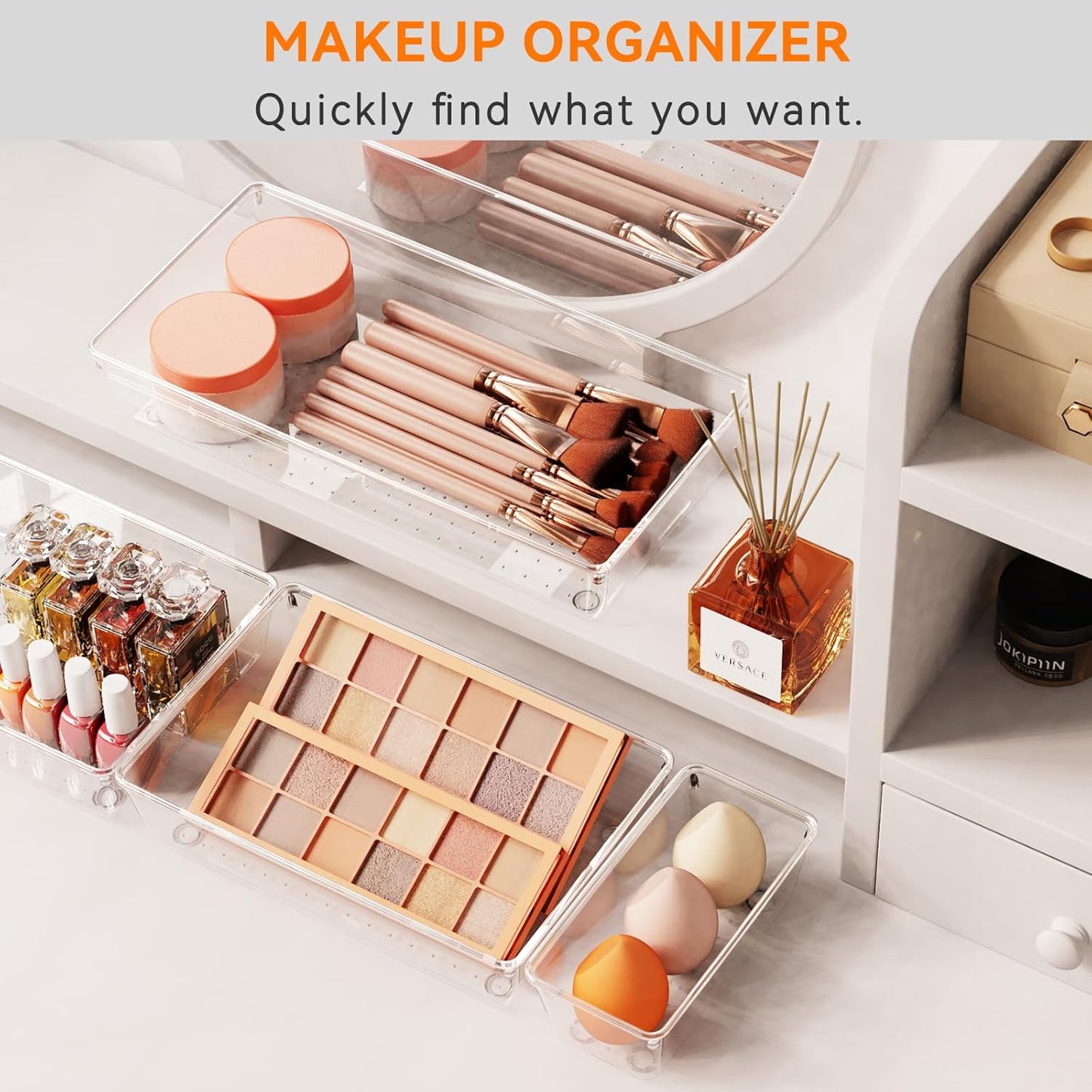 Skiennix 6-Pack Large Clear Plastic Drawer Organizer Trays - Non-Slip Storage Bins for Makeup, Kitchen Utensils & More