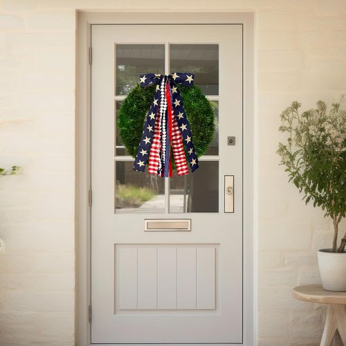 Large Patriotic Star Ribbon Bow - Red White Buffalo Plaid Fabric Ribbons Set for 4th of July Decor