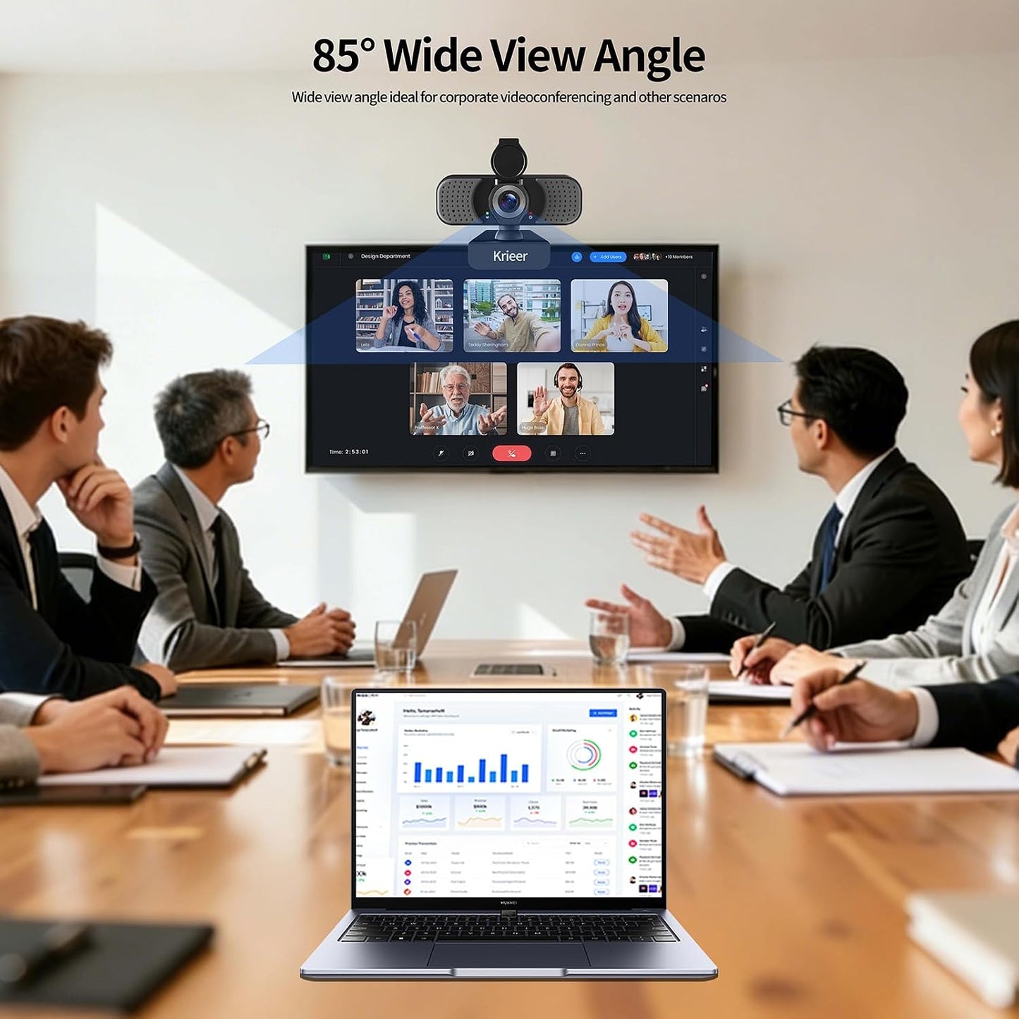 Krieer 1080P HD Webcam with Dual Mics Autofocus, Noise Cancellation, Wide-Angle, Auto Light Correction, Privacy Cover