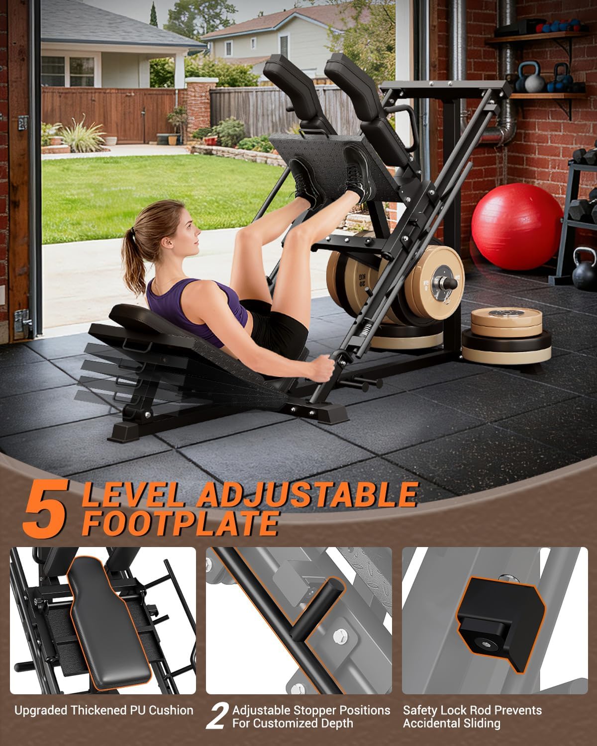 2-in-1 Leg Press & Hack Squat Machine, Linear Bearing Smooth Track, Fits 1" & 2" Weight Plates, 1200LB Capacity, 4-Position Safety Stops, Quick-Change Footplate, Plate Storage (Weights Not Included)