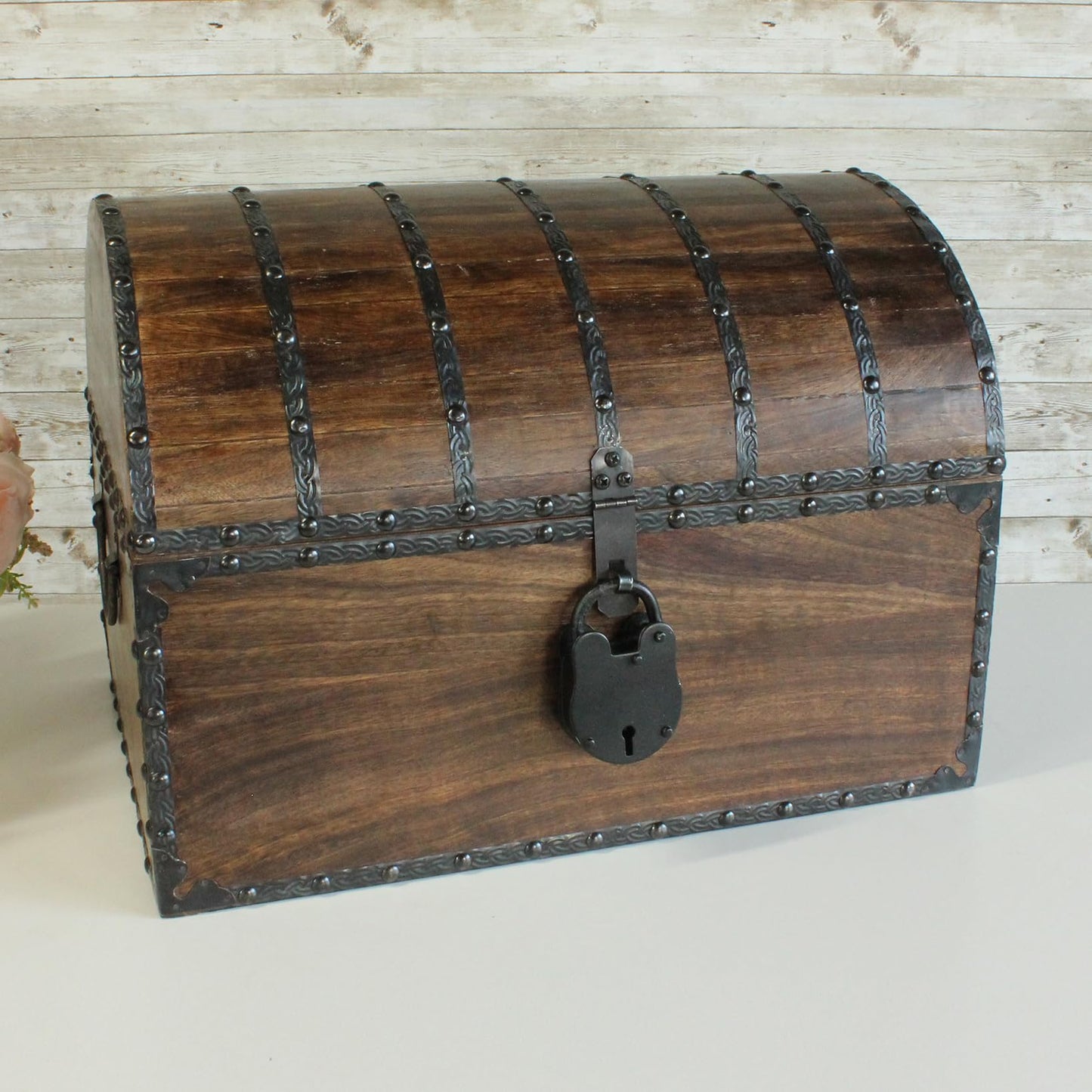 Nautical Cove Wood Treasure Chest with Decorative Rivets and Reinforcing Iron Strips with Lock and Skeleton Keys (Dark Antique, X-Large 16x12x12) – Wooden Keepsake Box, Pirate Decor, Storage Chest