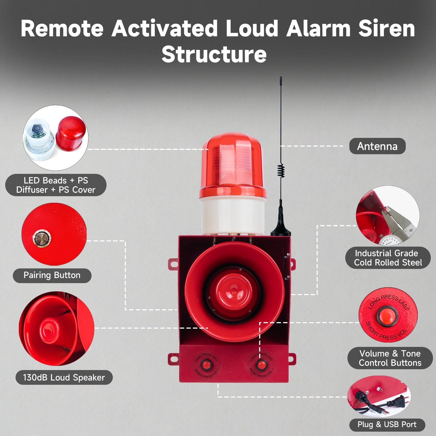 Y DIANS S 0.31mile Wireless Remote Control Siren Adjustable Volume Tone Waterproof 130dB Horn Security Alarm Systerm with LED Strobe Light AC110-120V