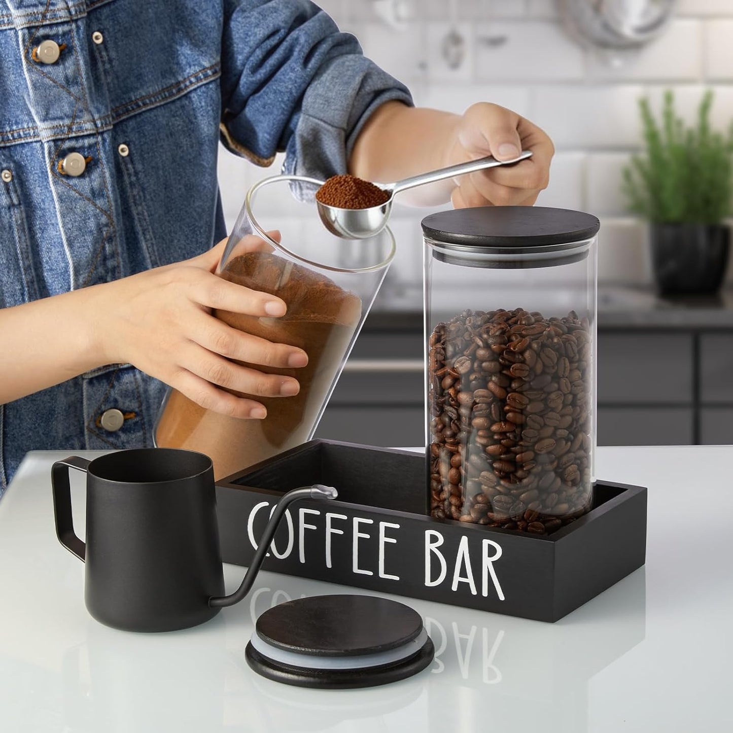 Skiennix Glass Coffee Canister Set - 2Pcs 45oz Airtight Containers with Bamboo Lids & Black Tray | Stylish Coffee Storage Jars for Home Decor