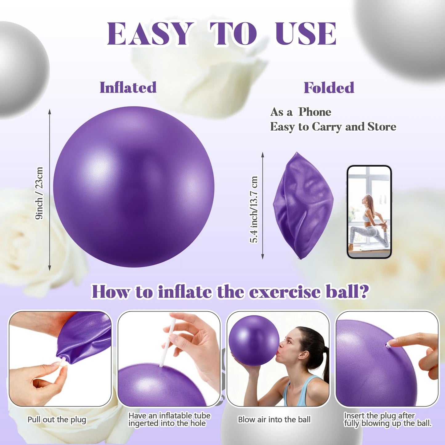 Sotiff 20 Pcs 9 Inch Pilates Ball Bulk Exercise Pilates Ball Mini Yoga Balls Therapy Core for Stability Barre Training Stretching Physical Posture Training Gym Workout with Inflation Tube(Purple)
