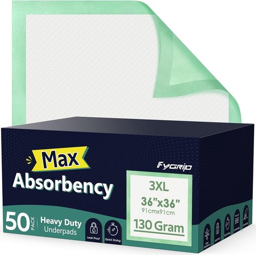 Fygrip Disposable Underpads - Hospital Grade, 130 Gram, 36” x 36” | Max Absorbency, Leakproof & Quick Drying for Adults, Kids & Pets