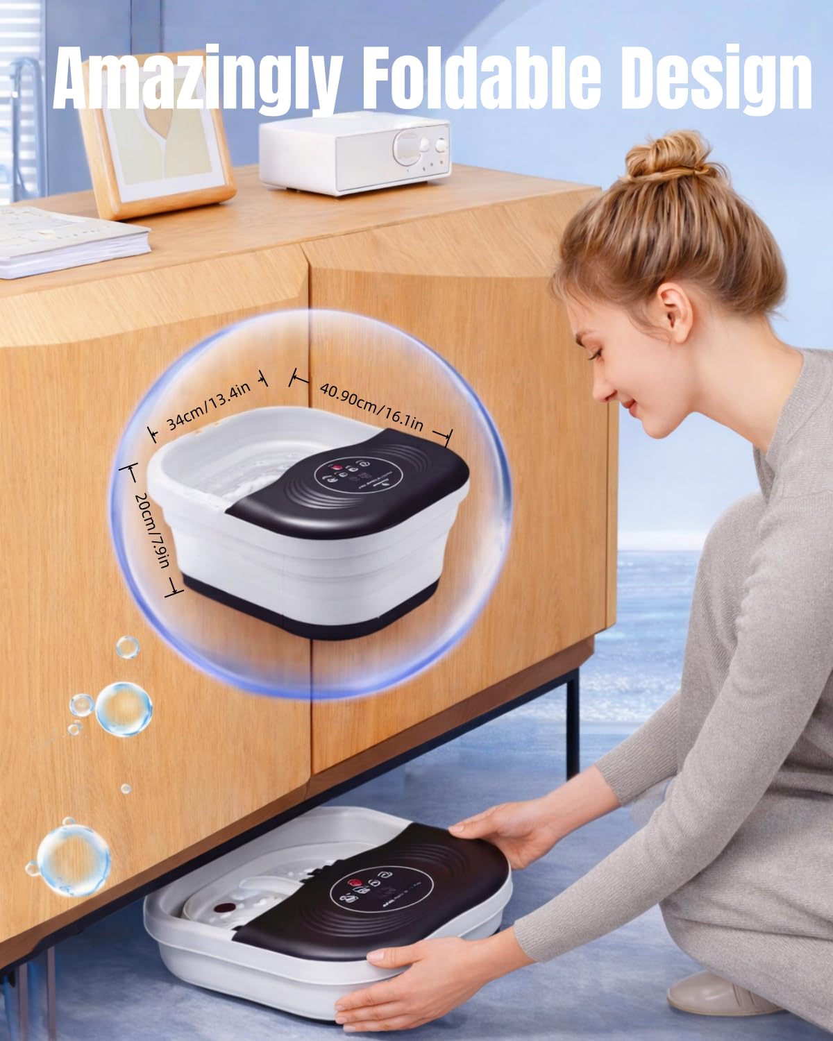 Collapsible Heated Foot Spa with Bubble and Red Light Temperature Control Foot Bath Massager and Soaking Tub Featuring 8 Shiatsu Massage Rollers Pumice Stone and Built-in Timer Ideal Gift for Wife,Mom