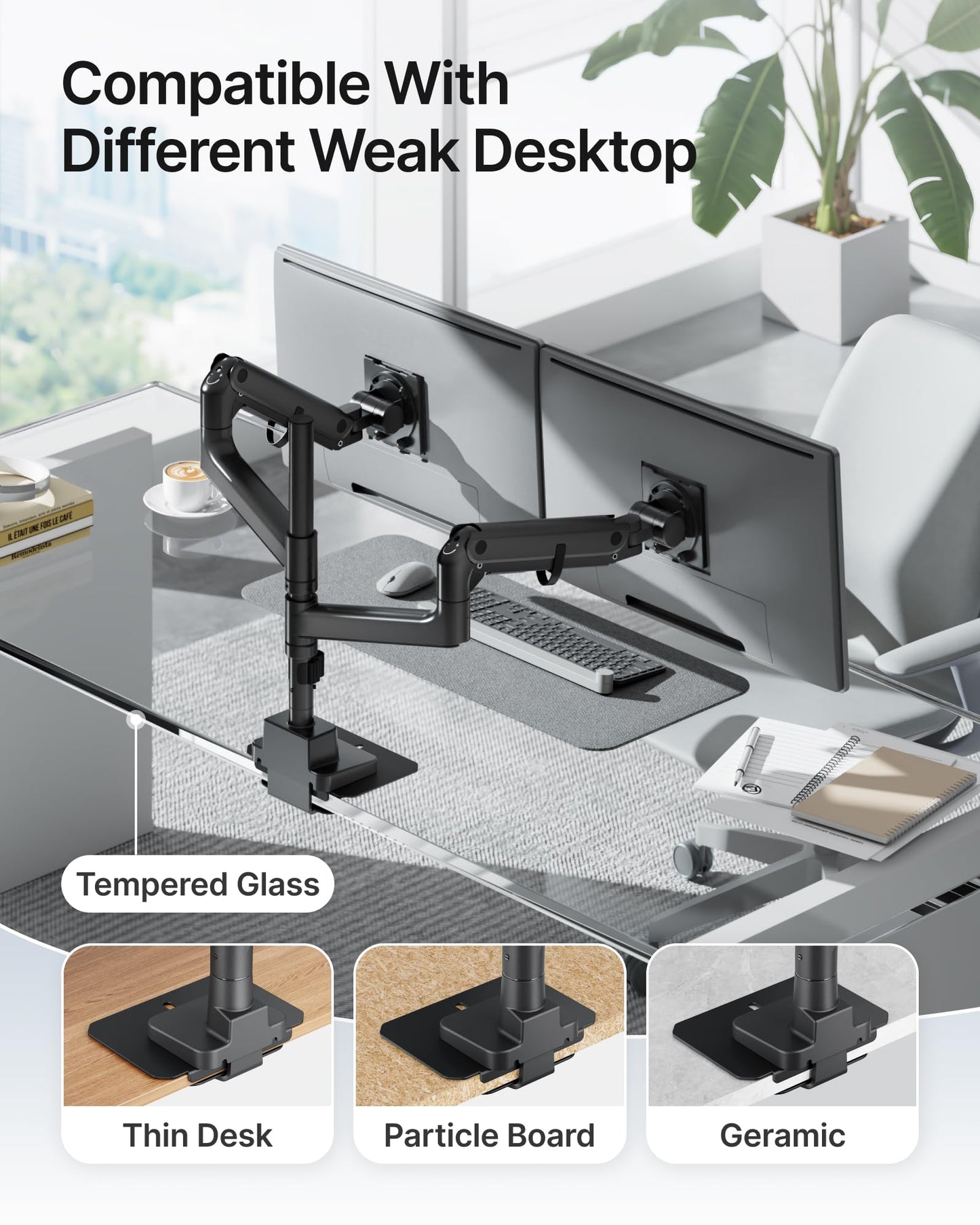 monTEK Adjustable Steel Monitor Mount Reinforcement Plate, Desk Stabilizer Plate for Thin, Glass or Fragile Desks,Universal Protective Support for C-Clamp & Grommet Monitor Arms, No Scratch Bracket
