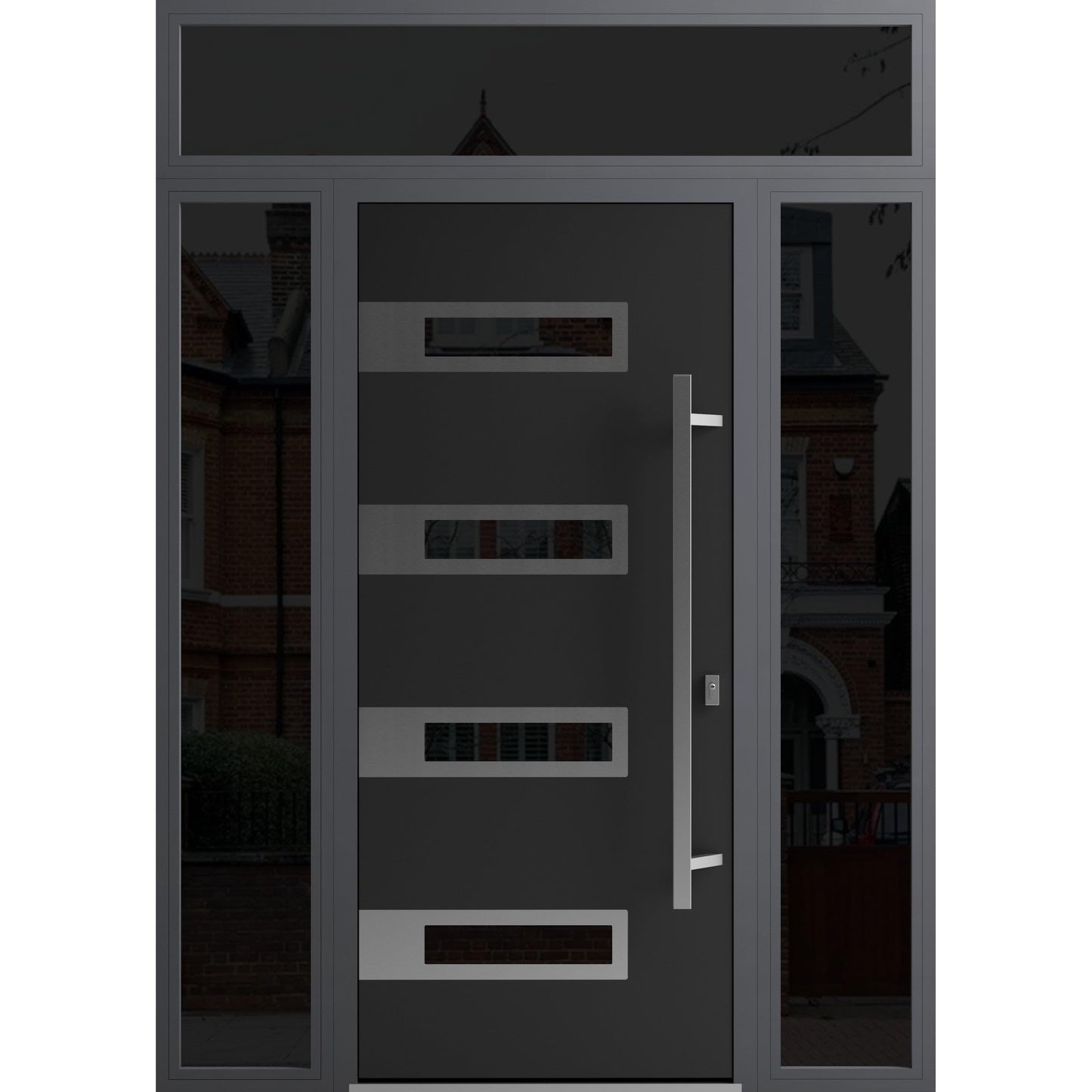 Front Exterior Prehung Steel Door/Ronex 0131 Black Enamel / 2 Side and Top Exterior Window Sidelite/Stainless Inserts Entry Metal Modern Painted W16+36+16" x H80+16" Left Hand Inswing