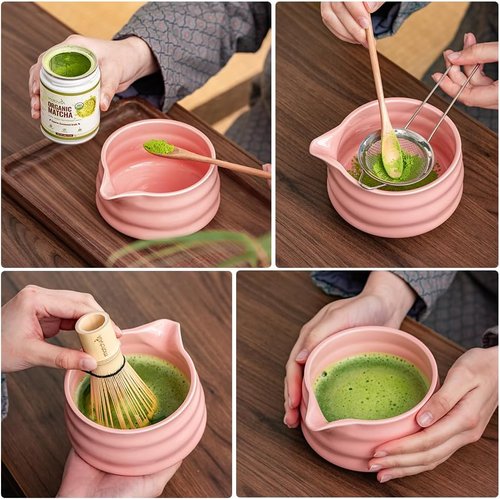 MatchAiA Matcha Whisk Set - Complete 7-Piece Kit with Ceramic Bowl, Bamboo Whisk, and Accessories | Pink