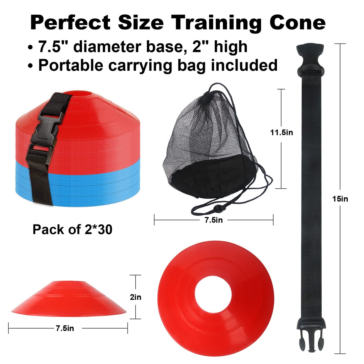 DUNCHATY 60-Pack Soccer Cones - Agility Flat Disc Cones with Carry Bag & Strap - Small Training Field Markers for Football Basketball Lacrosse - Indoor/Outdoor Sport Drills