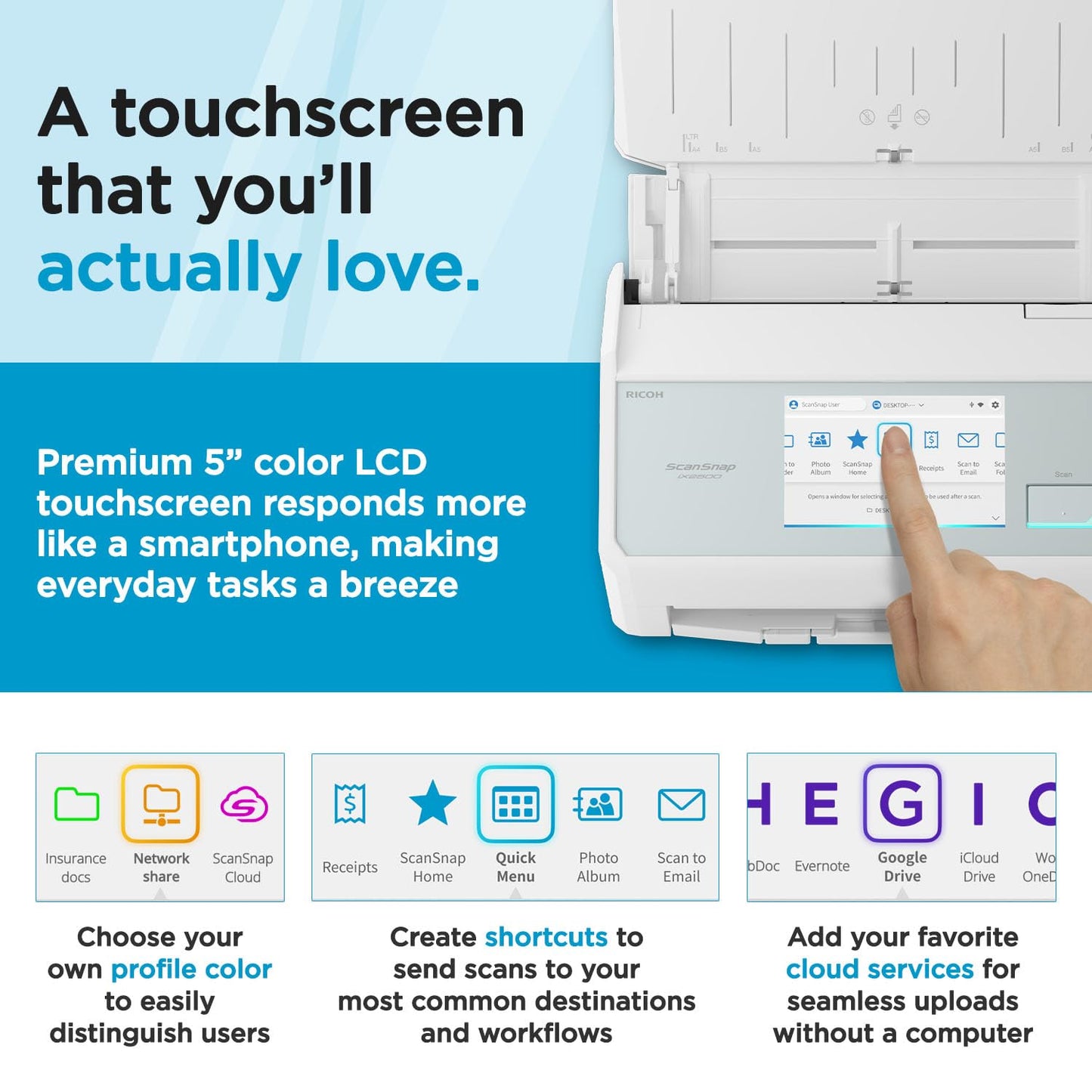 ScanSnap iX2500 Wireless or USB High-Speed Cloud Enabled Document, Photo & Receipt Scanner with Large 5" Touchscreen and 100 Page Auto Document Feeder for Mac or PC, White