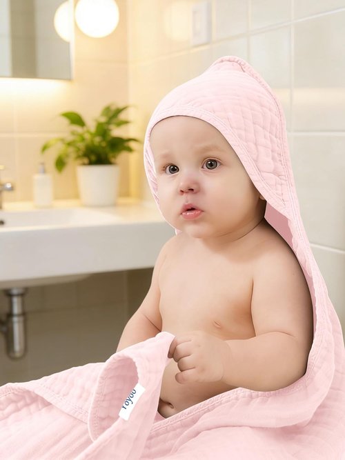 Muslin Hooded Baby Bath Towels - Ultra-Soft 100% Cotton | 3 Pack, 32x32 Inch, Quick-Dry, Pink Series