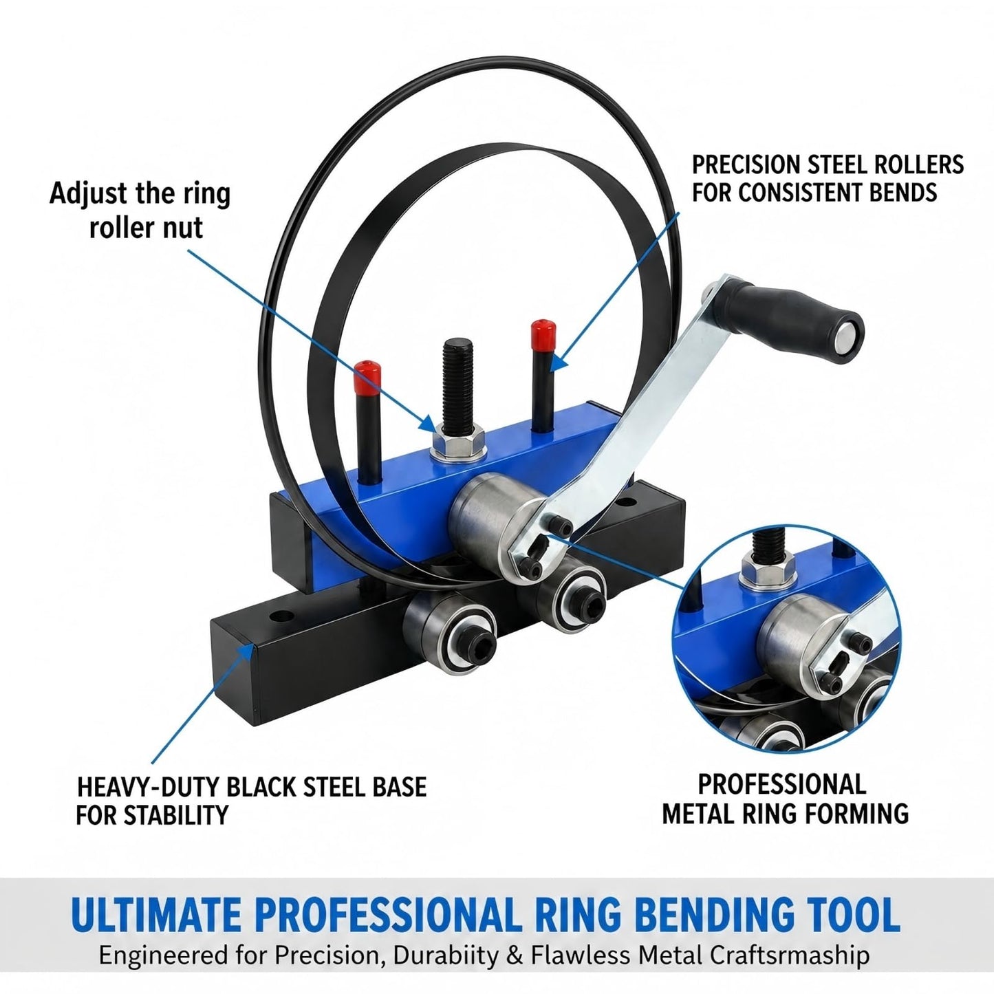 Manual Ring Roll Bender Min. Roll Diameter 5.9" (150mm), Heavy Duty Ring Bender Tool Roller Bender Machine Scroll Bender Metal Steel Rod Tube Bending, for Decorative & DIY Metalworking, Ring Making