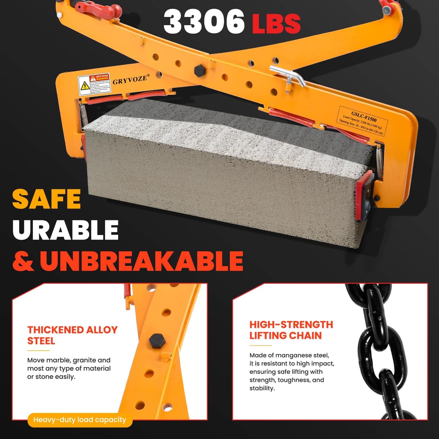 GRYVOZE 3306 lbs Granite Slab Lifting Clamp, Adjustable Range: 26"-49.6", Heavy Duty Stone Lifting Clamps for Carrying and Vertical Transport of Marble, Concrete Blocks, Slate Sheets, Curb Stones
