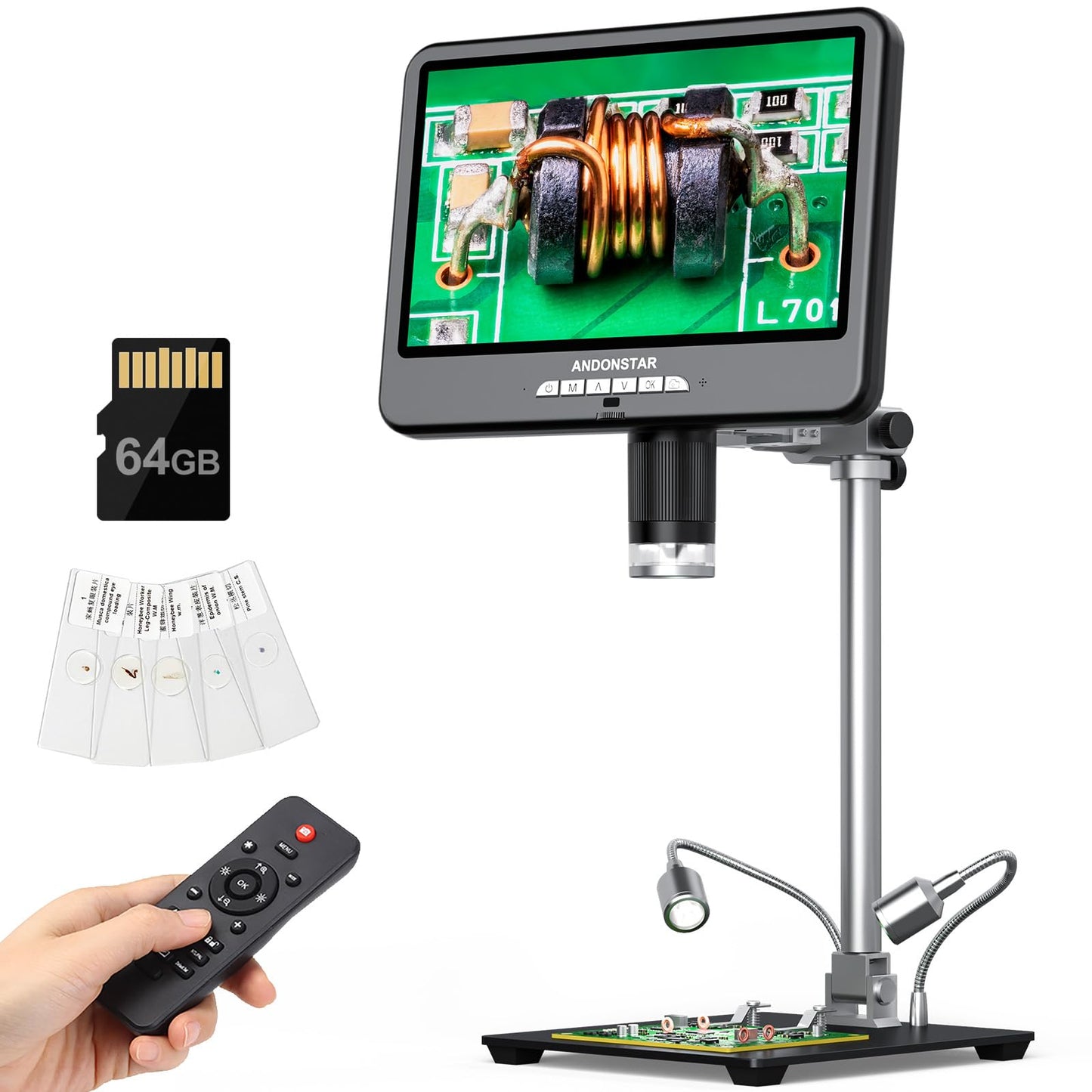 Andonstar 4K 60FPS 10.1" HDMI Digital Microscope for Soldering, 64MP 3840P UHD Video Audio Record, AD210S-Pro Electronic PCB Microscope for Adults, Error Coins, Pro Boom Arm Stand, 64GB