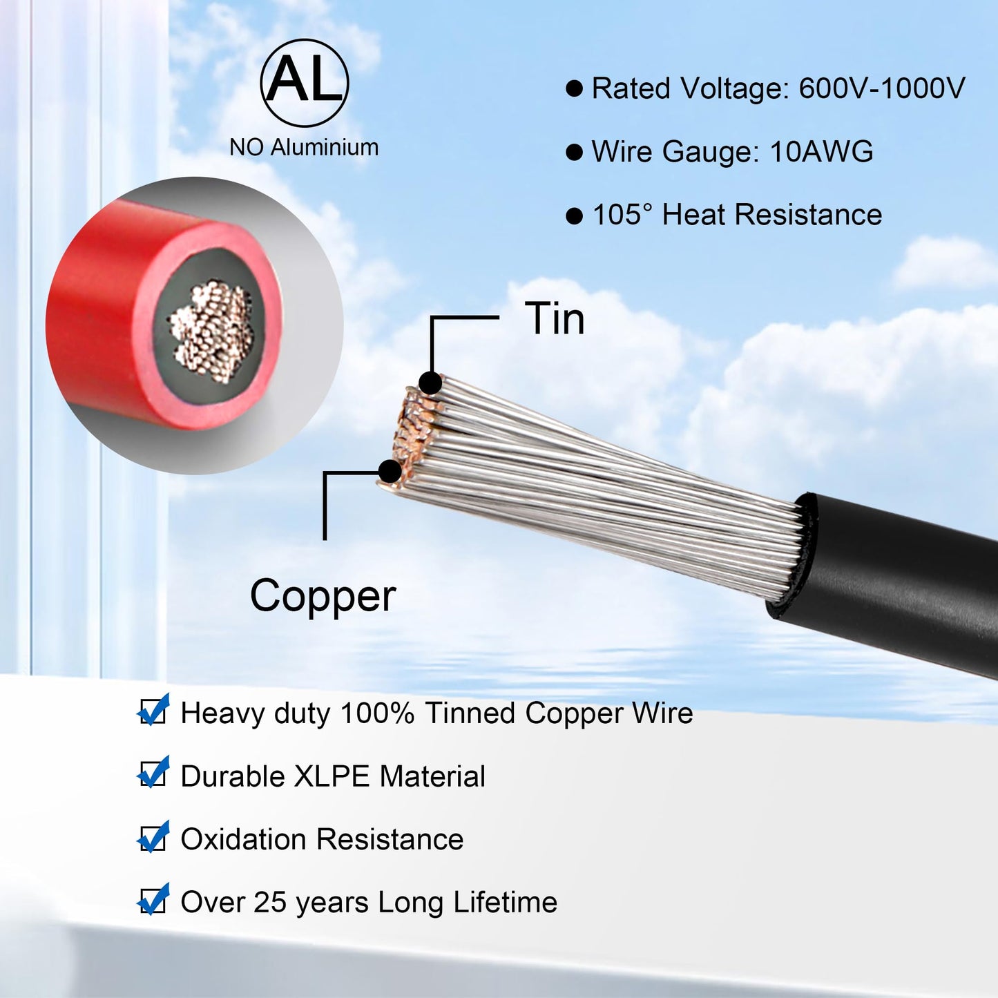 100 FT 10AWG Solar Panel Extension Cable,10 Gauge Extension Cord,5FT 10FT 20FT 30FT 50FT 100FT Solar Panel Wire with Extra Fair of Female and Male Connectors Solar Adapter for RV, Photovoltaic Systems