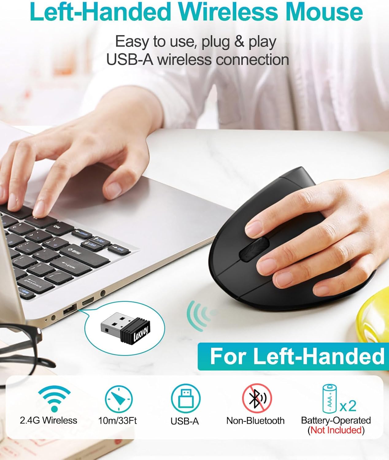 Lekvey 2.4G 3 6 Left Handed Ergonomic Mouse, Vertical Wireless Mouse for Left Hand, USB Carpal Tunnel Lefty Mouse