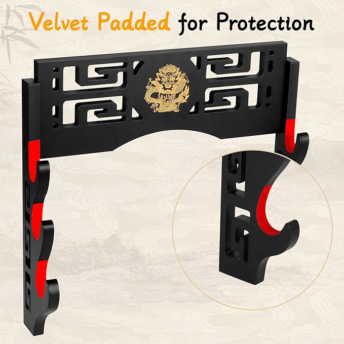 Sword Display Katana Wall Mount, 3-Tier Samurai Sword Katana Holder Stand with Velvet Padded Hook & Dragon Pattern, Sword Rack for Wakizashi Lightsaber Samurai