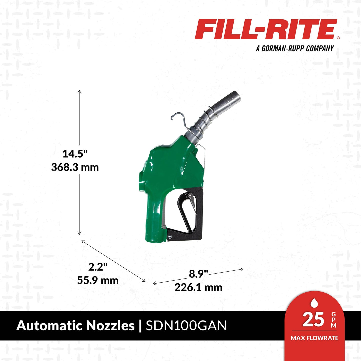 Fill-Rite SDN100GAN 1” 5 to 25 GPM Automatic Standard Duty Fuel Transfer Nozzle, Green - For Gasoline, Diesel, Biodiesel up to B20, E15 & Kerosene