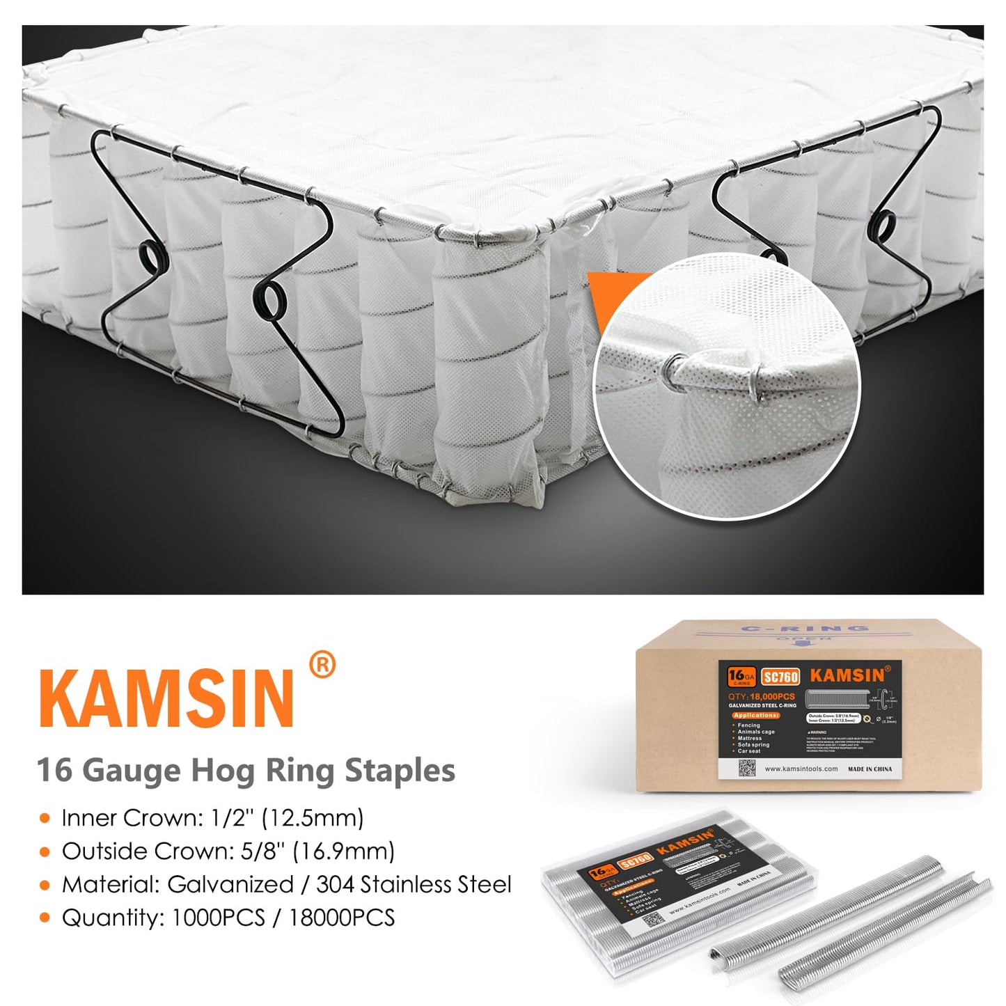 Combination of Kamsin K-SC760 16 Gauge Pneumatic C Ring Gun Kit and 1/2-Inch Crown 18,000pcs Galvanized Hog Ring Staples
